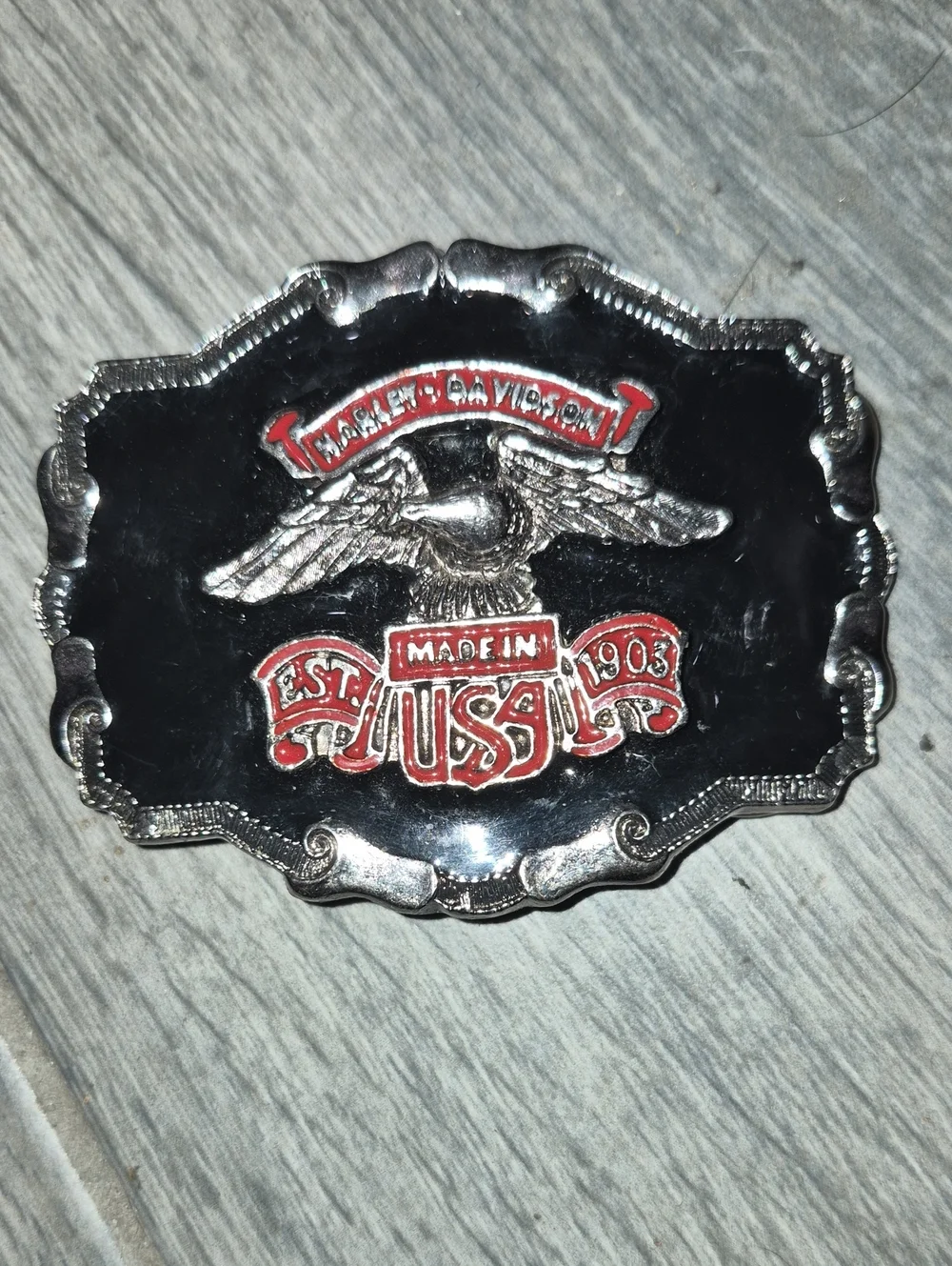 Vinrage Harley-Davidson Silver Tone Buckle with Black & Red Accents